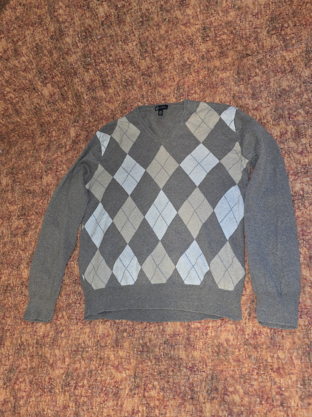 J. Crew Men's V Neck Cotton Cashmere Pullover Argyle Sweater Size M